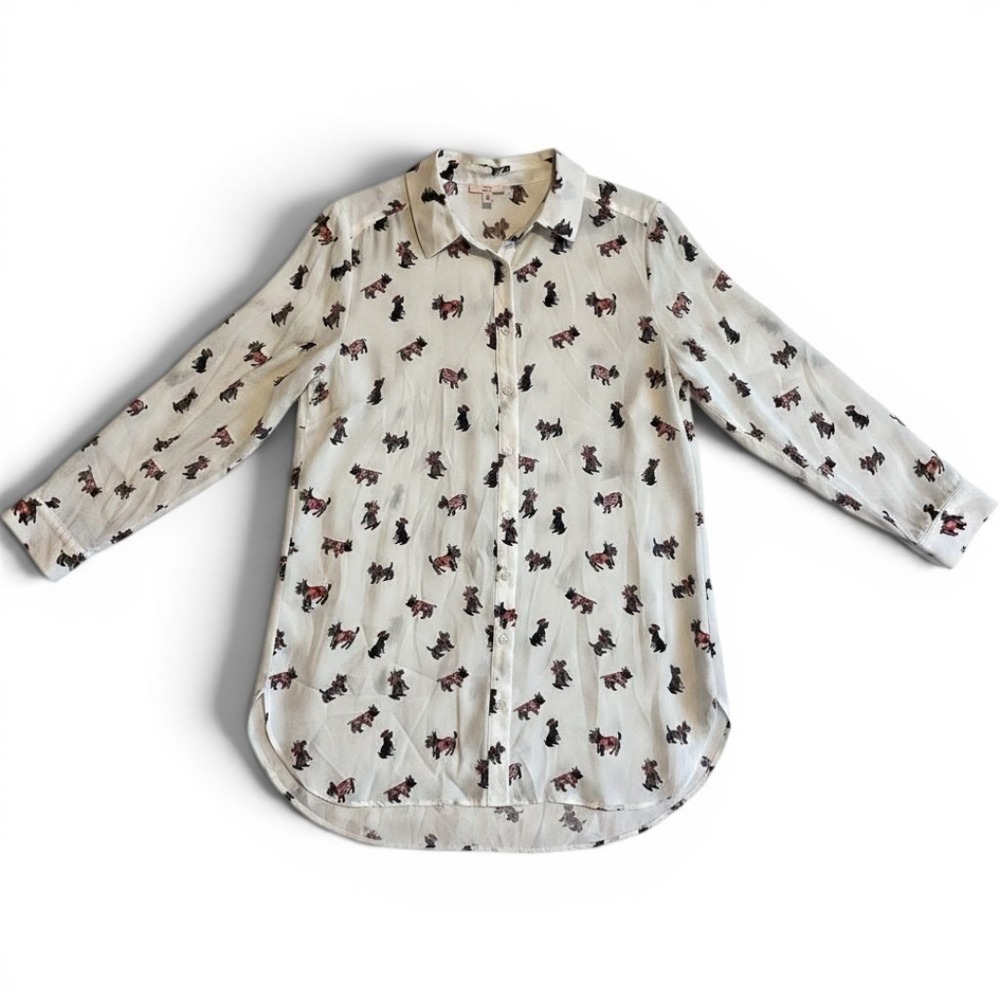 Como Vintage Blouse Womens Medium White Dog Button Front Long Sleeve Tunic Top